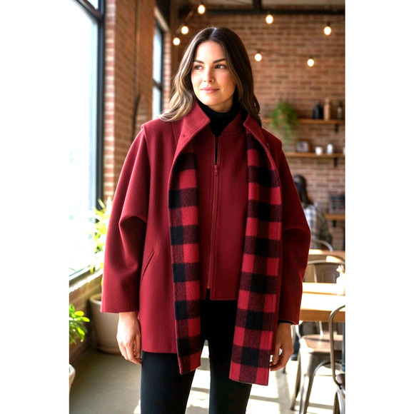Vintage USA Union Wool Short Boxy Coat Sz M Red Double Vest Plaid Preppy Jacket - Picture 1 of 16